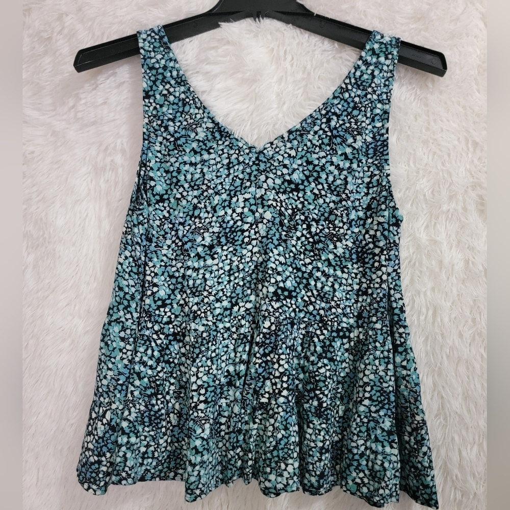 Loft  Aqua Blue Floral Print Tank Top